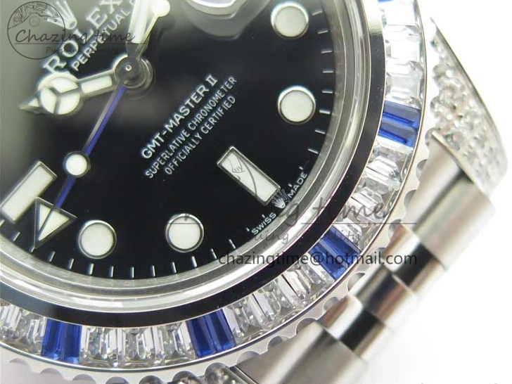 MiroTime 0401 GMT-Master II White Blue Diamonds Bezel 904L Steel GMF Best Edition Black Dial On Jubilee Bracelet SA3285 CHS V Original 2579